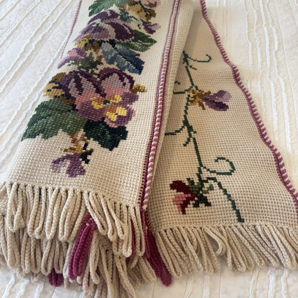 VTG Handmade Afghan Throw Blanket Cross Stitch Floral Cottage Granny 46 x 62"